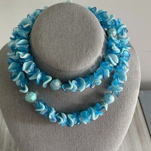 Amazing Vintage Necklace Signed Hong Kong w Assorted / Flower Petal Blue Beads